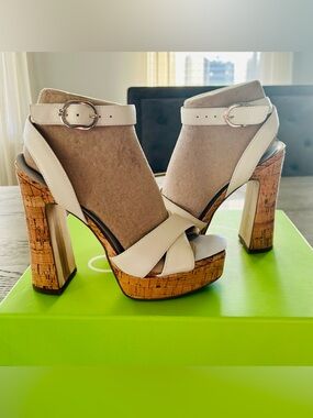 Sam Edelman Kayna Cork Platform Ankle-Strap Heels | Sz. 6M | Ivory (NWB)
